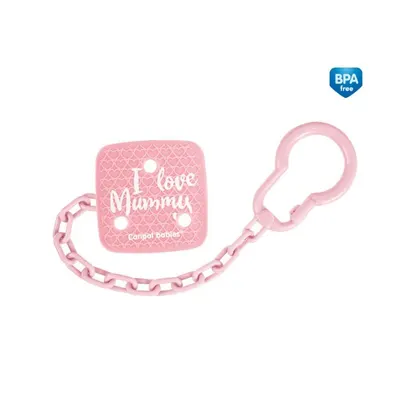 Clips pentru suzetă Canpol - I Love Mummy, cu lanț, roz