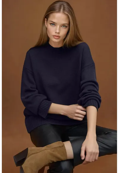 Pulover dama - lung tricotat - guler rotund - albastru inchis - tricot