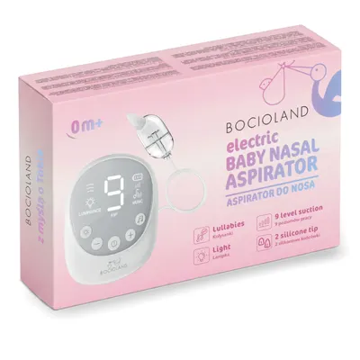 Aspirator nazal electric Bocioland Alb cu 9 nivele de aspiratie,lumina led incorporata ,melodii calmante,incarcare cu USB-C, acumulator 2500Ah, 2 capete de aspirare din silicon, recomandat de la 0luni