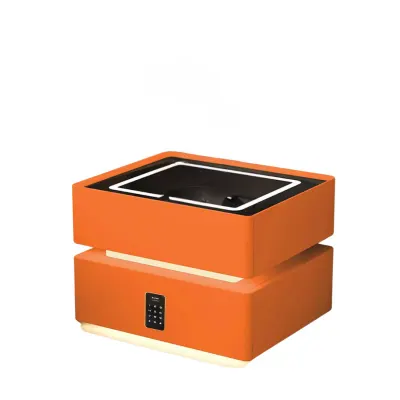 Noptiera inteligenta cu incarcare wireless, iluminare LED, 2 sertare de depozitare, senzor de lumina nocturna si incuietoare codificata – portocalie, design modern din sticla si lemn