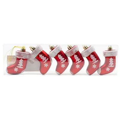 Set 6 decorațiuni, model cizmulițe roșii cu brăduți, 4 cm, Xmas Magic