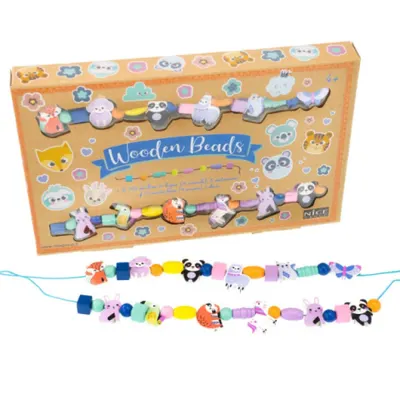 Kit creativ DIY - coliere si bratari cu margele din lemn , 12 animale de padure