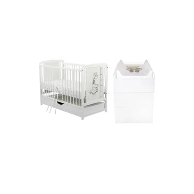 Set mobilier pentru copii, BabyNeeds: Patut cu sertar din lemn de pin si MDF, cu somiera reglabila in 3 trepte, Timmi Girafa, 120x60 cm + Saltea cocos-burete-cocos, 12 cm + Comoda cu masuta de infasat, Alb