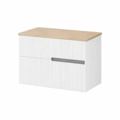 Set dulap baie 60 cm pentru lavoar pe blat, alb cu riflaje, Fluminia, Malta si blat stejar Cersanit Modo