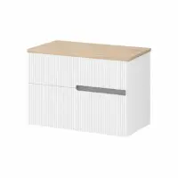 Set dulap baie 60 cm pentru lavoar pe blat, alb cu riflaje, Fluminia, Malta si blat stejar Cersanit Modo