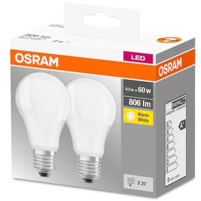 Set 2 becuri LED Osram Base Classic A60, E27, 8.5W (60W), 806 lm, lumina calda (2700K) 4058075152656