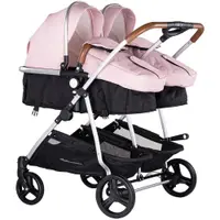 Carucior pentru copii gemeni Chipolino Duo Smart pink marshmallow 2 in 1, pliere simpla si compacta, sezut transformabil si reversibil, spatar reglabil, bara de protectie detasabila, copertina reglabila, husa pentru picioare