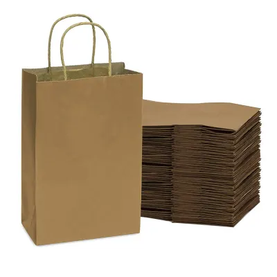 Sacoșe hârtie cu mâner răsucit - kraft închis (set 12 buc) - Orizontal - 32x25x11cm