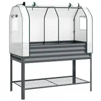 Outsunny Bazin de grădină pe picioare din metal cu seră, jardiniere ridicată cu căptușeală și poliță inferioară, Gri închis | Aosom Romania