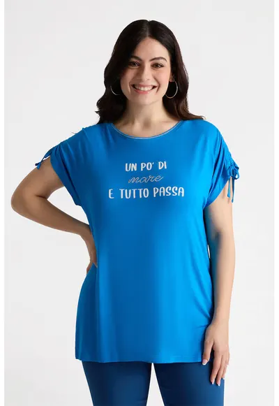 Tricou lejer cu imprimeu text - Albastru cobalt