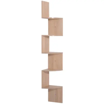 HOMCOM Raft de colț de perete pentru depozitare formă zigzag 20L x 20l x 126H cm 5 niveluri stejar deschis | Aosom Romania