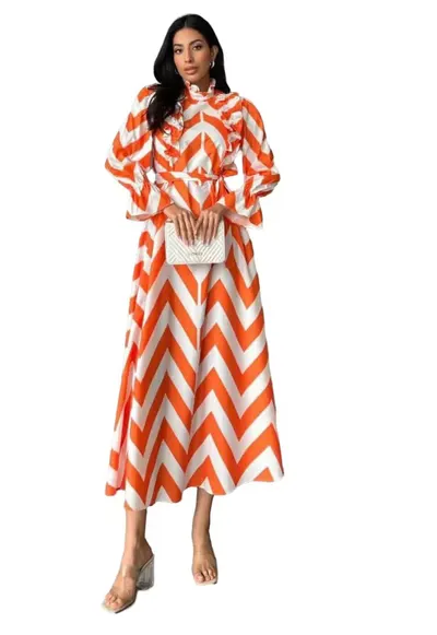Rochie Maxi - Geometrica - Volane - Alb/Portocaliu - Bumbac/Poliester