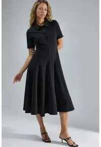 Rochie Midi Negru - Jerseu - Guler Tip Camasa -