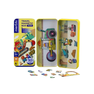 Puzzle magnetic in cutie metalica, joc de potrivire si asociere - Camioane