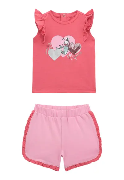 Set de tricou cu imprimeu si pantaloni scurti cu detalii cu volane - 2 Piese - Roz deschis/Roz