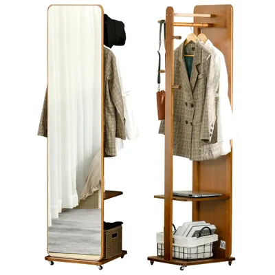 HOMCOM Oglindă de Podea cu Suport pentru Haine, Rafturi și Roți, MDF și Lemn de Pin, 40 x 44,5 x 170 cm, Nuanță de Nuc | Aosom Romania