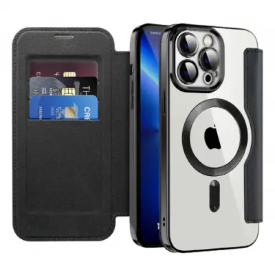 Husa MagSafe pentru Apple iPhone 13 Pro Max, Techsuit, SmartMag Book (Negru)