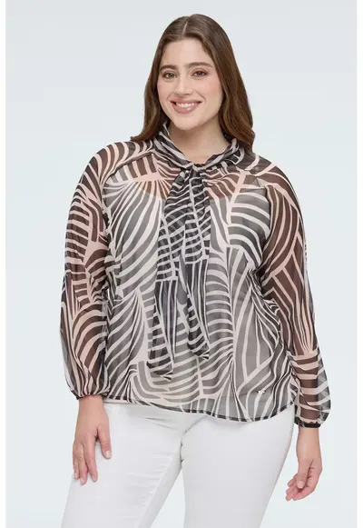 Bluza semitransparenta cu guler funda din panglici - Negru/Maro/Gri