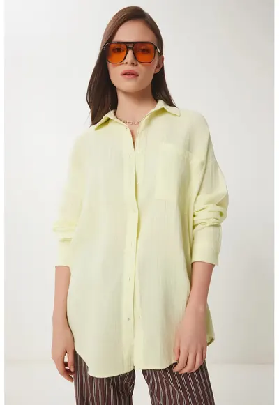 Camasa dama - Happiness Istanbul - camasa oversized - galben lamaie - bumbac 100%