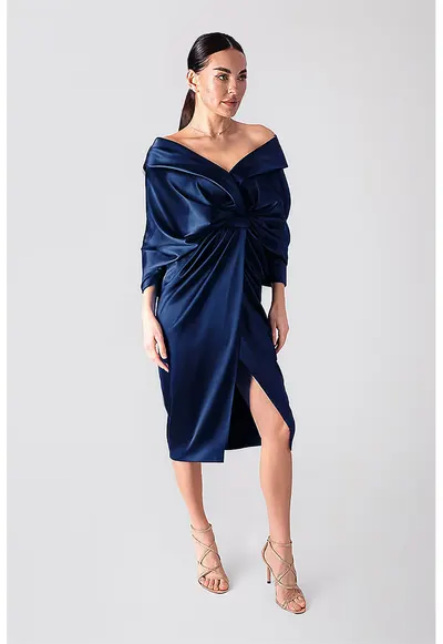 Rochie midi drapata cu decolteu in V - Albastru inchis