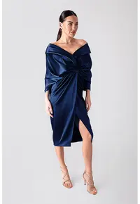 Rochie midi drapata cu decolteu in V - Albastru inchis