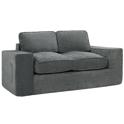 HOMCOM Canapea 2 locuri din chenille, canapea de living 156 cm, șezut și cotiere late căptușite, 2 perne, gri | Aosom Romania