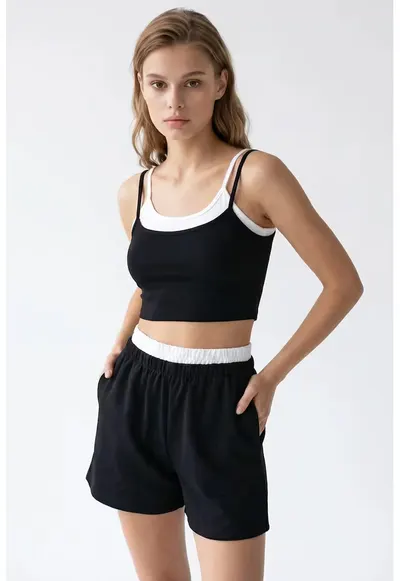 Set asortat femei - tricou crop fara maneci si pantaloni scurti - negru - poliester si elastan