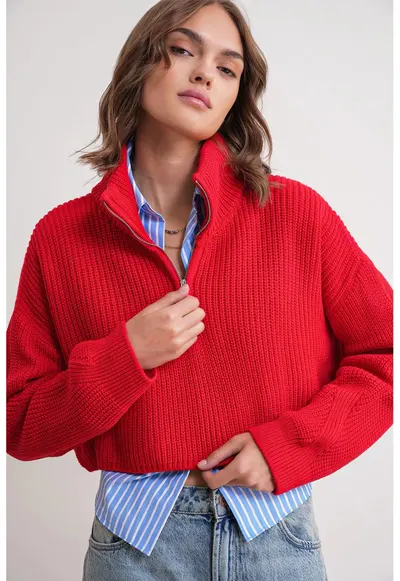 Pulover dama - texturat - rosu - tricot