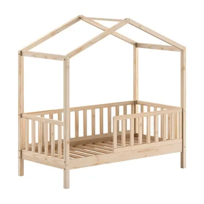 Pat pentru copii în culoare naturală de tip casă din lemn de pin cu somieră 70x140 cm DALLAS – Vipack