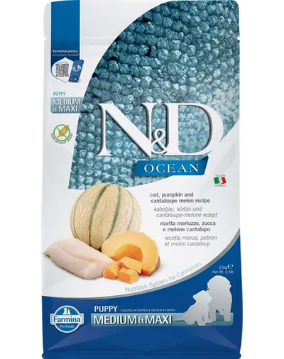 FARMINA N&D Ocean Hrana uscata catei talie medie sau mare, cu cod, dovleac si pepene galben - 2,5 kg