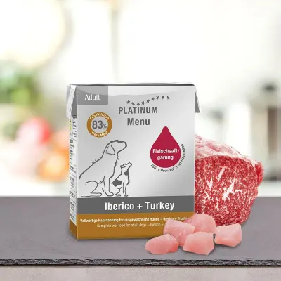 Hrana umeda pentru caini Platinum Menu Adult cu iberico curcan 185 gr