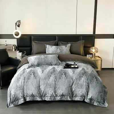 Lenjerie pat dublu, FINET DeLuxe, 6 piese, cu ELASTIC, Jojo Home, Cutie Eleganta, Gri, model clasic