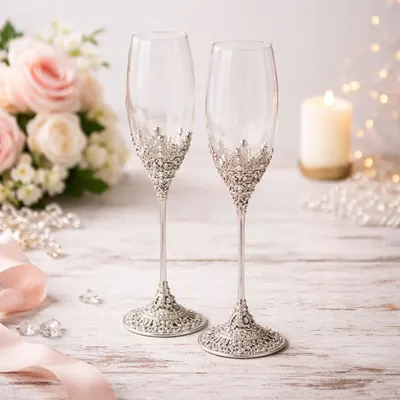 Set pahare șampanie AZAY argintiu vintage cu cristale, 26.9 cm, pahare flute elegante, cadou premium cu cutie și tissue paper