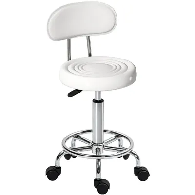 HOMCOM Taburet rotativ cu spătar și roți Scaun reglabil pentru salon de înfrumusețare Studiou tatuaje 32x40x70-86cm Alb | Aosom Romania