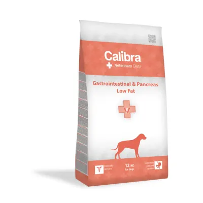 CALIBRA Veterinary Diets Gastrointestinal & Pancreas Low Fat, XS-XL, Somon, dietă veterinară, hrană uscată câini, sistem digestiv, 12kg
