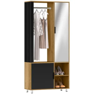 HOMCOM Dulap cameră penderie cu mirror, compartimente deschise, dulap și șipcă de suspendare, 80 x 30 x 170 cm, natural | Aosom Romania