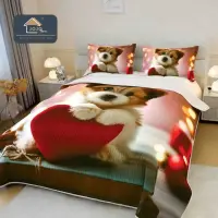 Cuvertura Matlasata, Bumbac Finet, cu Imprimeu 5D, 220x240cm + 2 fete de perna 50x70cm, Roz, Bej, Catelus cu Inimioara