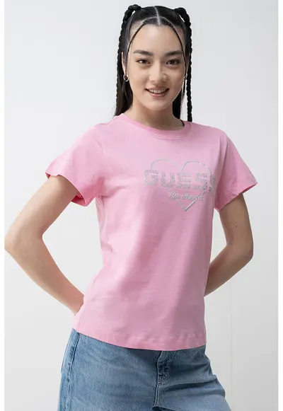 Tricou regular-fit cu logo decorativ - Roz/Argintiu