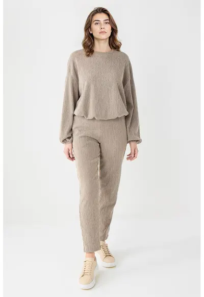 Pantaloni drepti texturati Mink - Bej melange