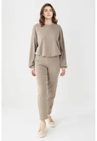 Pantaloni drepti texturati Mink - Bej melange