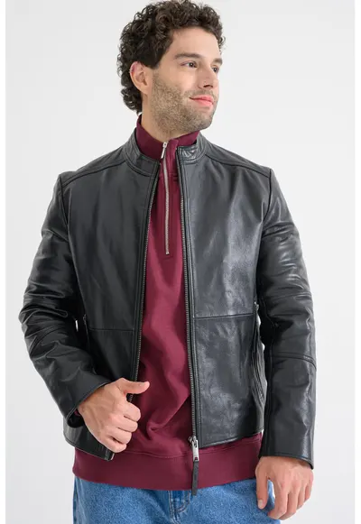 Jacheta slim fit de piele Lokis - Negru