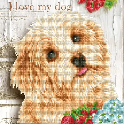 Tablou cu diamante înrămat - Cățeluș I love my dog, 31 x 31 cm