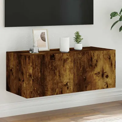 vidaXL Comodă TV de perete cu lumini LED, stejar fumuriu, 80x35x31 cm