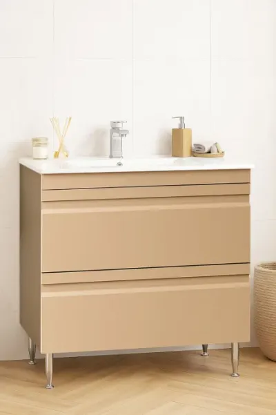 Set Baza front MDF si Lavoar seria 086, cu sertare, montat, 80 cm, cappuccino