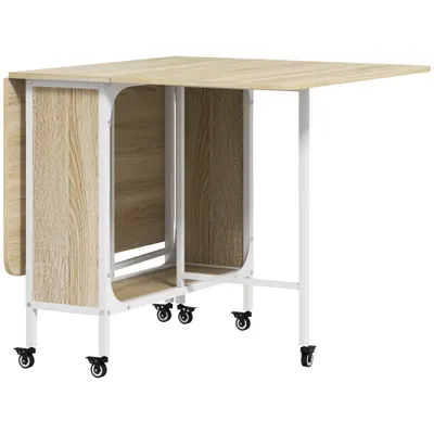 HOMCOM Masă Pliabilă pentru 4-6 Persoane, Masă cu Spațiu Economic, Raft și 6 Roți, 130x80x74 cm, Lemn Natural | Aosom Romania