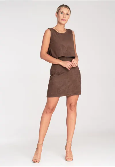 Rochie M1060 - imitatie piele intoarsa - fara bretele - maro