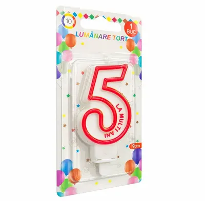 Lumânare aniversară pentru tort, Cifra 5, Alb cu bordură Roșie, înălțime 9 cm