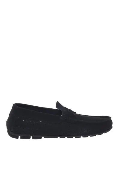 Pantofi loafer din piele intoarsa cu aspect perforat - Albastru