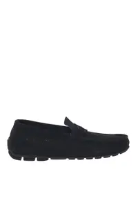 Pantofi loafer din piele intoarsa cu aspect perforat - Albastru