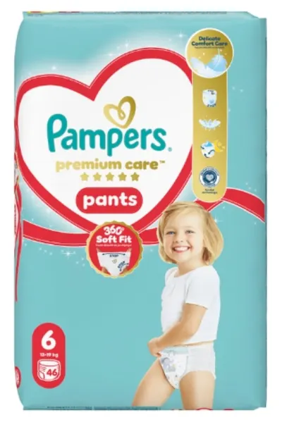 Scutece-chiloței Pampers Premium Care - Mărimea 6, 13-19 kg, 46 bucăți